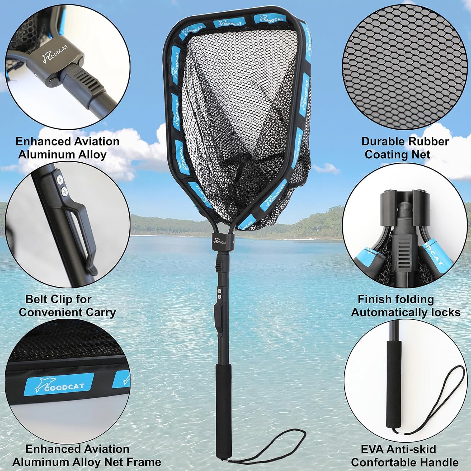 GOODCAT Fishing Landing Net, Black Rubber-Coated Mesh with Aluminum Frame, 17x12.4 Inch Hoop, 32.5 Inch Extended Handle, Foldable Floating Design with Magnetic Release for Kayak Fly Fishing