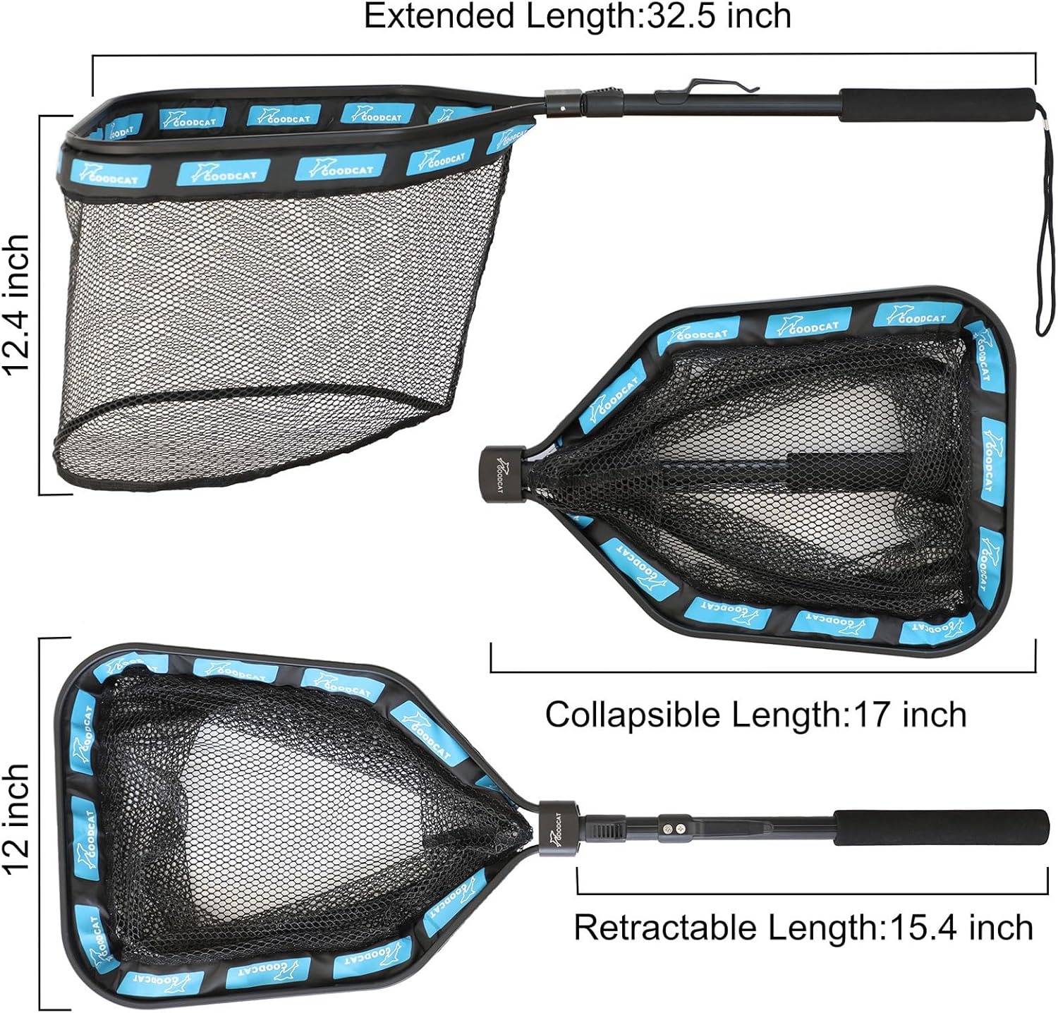 GOODCAT Fishing Landing Net, Black Rubber-Coated Mesh with Aluminum Frame, 17x12.4 Inch Hoop, 32.5 Inch Extended Handle, Foldable Floating Design with Magnetic Release for Kayak Fly Fishing