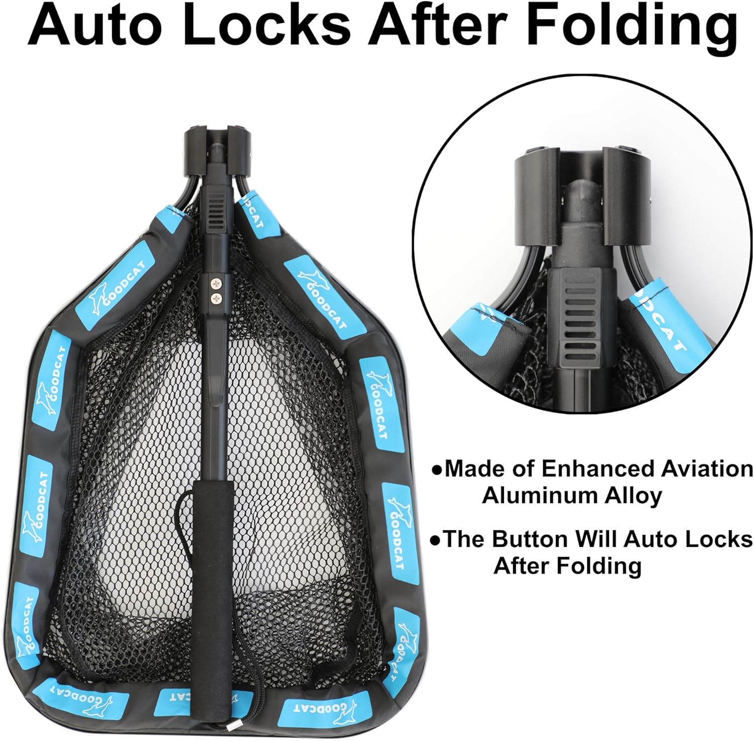 GOODCAT Fishing Landing Net, Black Rubber-Coated Mesh with Aluminum Frame, 17x12.4 Inch Hoop, 32.5 Inch Extended Handle, Foldable Floating Design with Magnetic Release for Kayak Fly Fishing