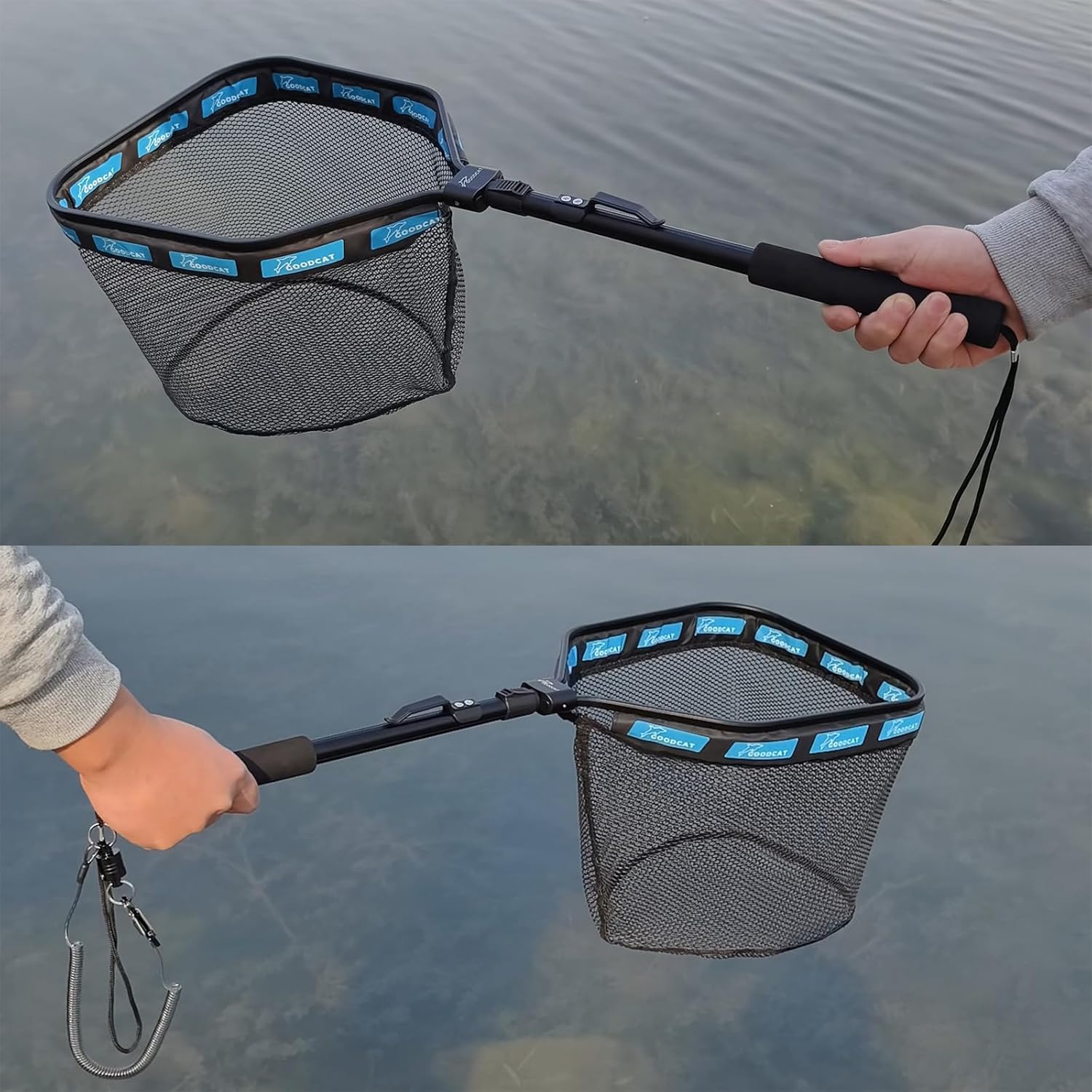 GOODCAT Fishing Landing Net, Black Rubber-Coated Mesh with Aluminum Frame, 17x12.4 Inch Hoop, 32.5 Inch Extended Handle, Foldable Floating Design with Magnetic Release for Kayak Fly Fishing