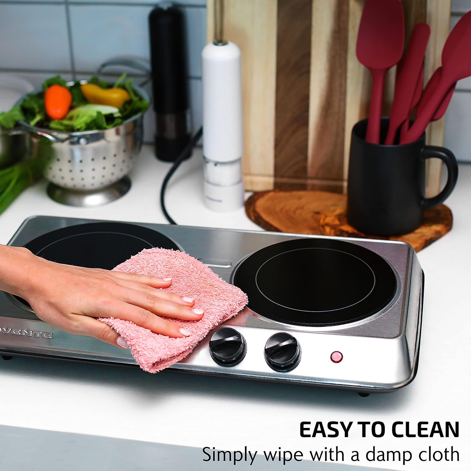OVENTE Countertop Infrared Double Burner, 1700W Electric Hot Plate and Portable Stove with 7.75" and 6.75" Ceramic Glass Cooktop, 5 Level Temperature Setting and Easy to Clean Base, Silver BGI102S