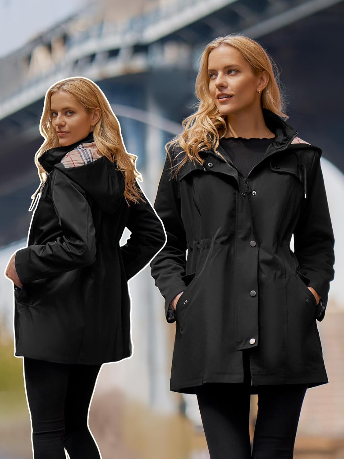 Women's Long Hooded Rain Jacket Outdoor Raincoat Windbreaker